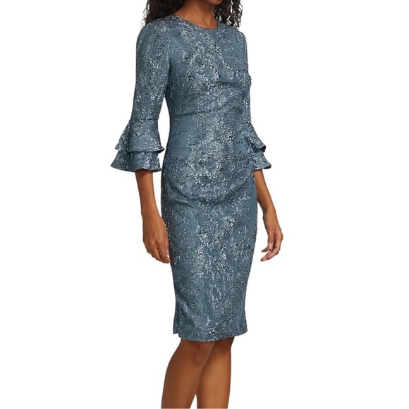 Theia Cloque Bell Sleeve Cocktail Dress 12 French Blue Back Zip Lightweight $695 - Picture 1 of 10
